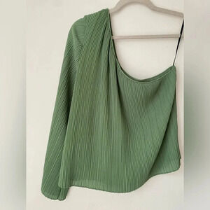 MISA Top Women’s Large One Shoulder Green Blouse Pleated